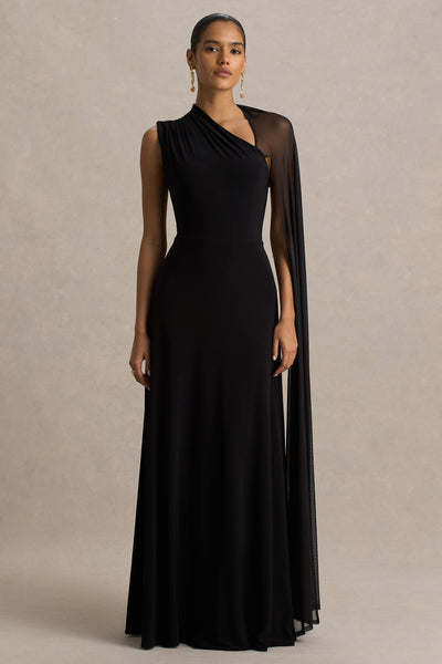 Selena | Black High-Neck Maxi Dress With Cut-Out And Cape Sleeve Detail