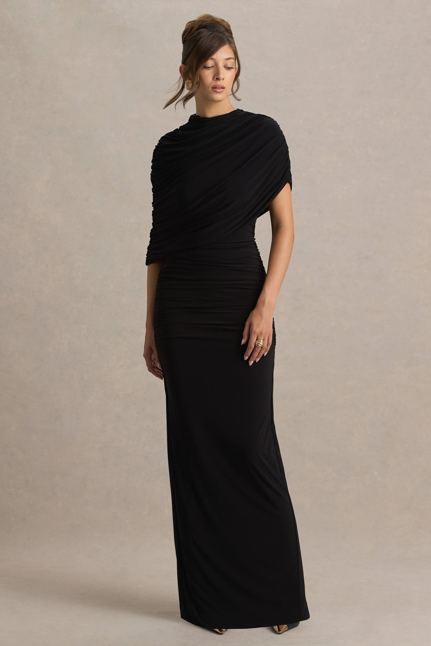 Glitz | Black High-Neck Maxi Dress With Cape Sleeve and Ruched Detail
