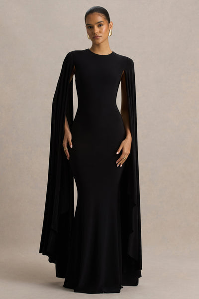 Briony | Black Crew-Neck Maxi Dress With Cape Sleeves