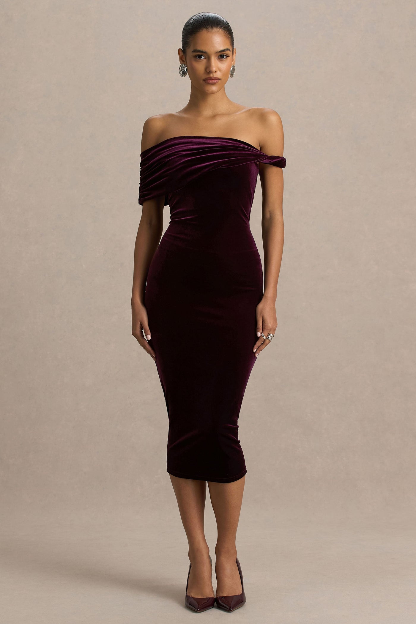 Billie | Burgundy Velvet Bardot-Neck Midi Dress With Twist-Sleeve