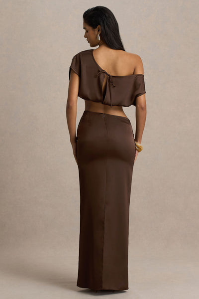 Megan | Brown Satin Wrap Maxi-Skirt With Gathered Detailing