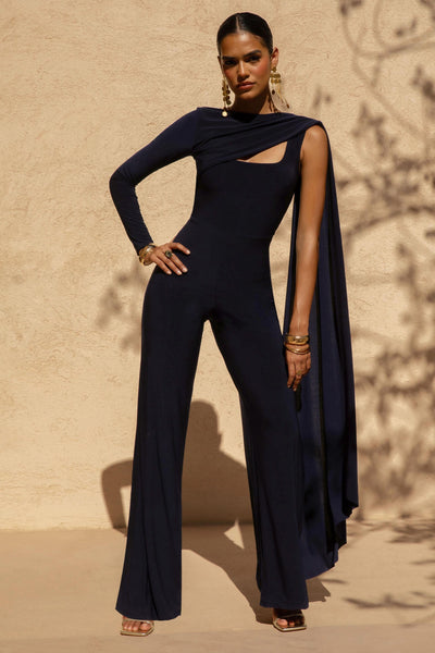 Graces | Navy High-Neck Jumpsuit With Cape Sleeve