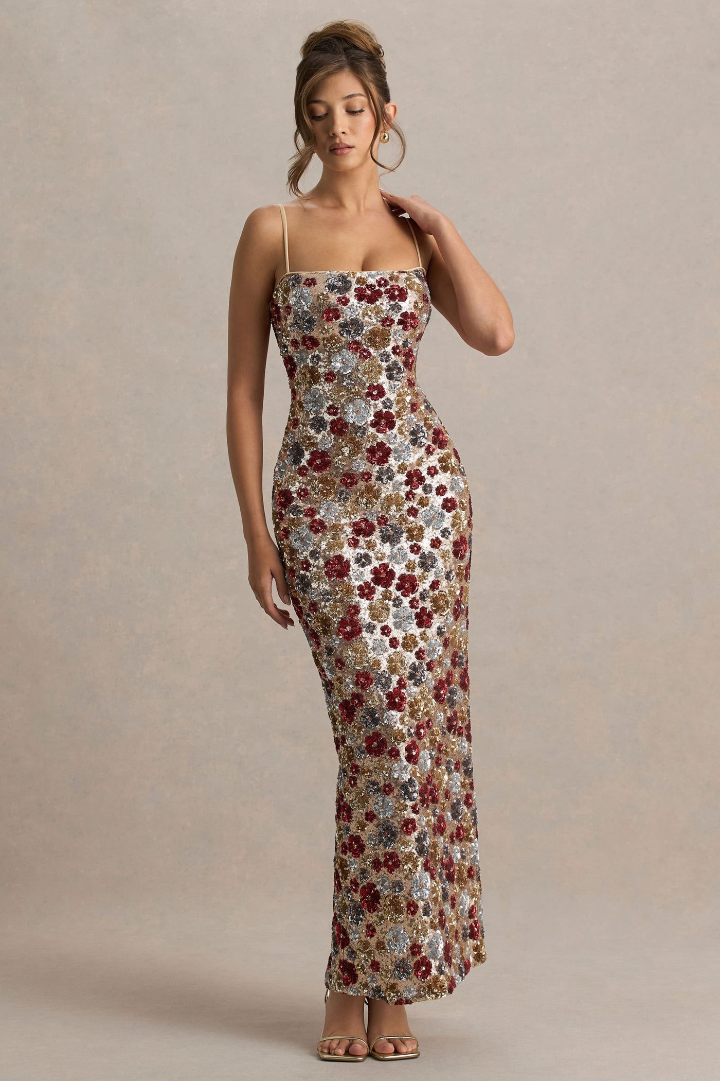Vitora | Red Floral Embellished Sequin Square-Neck Maxi Dress