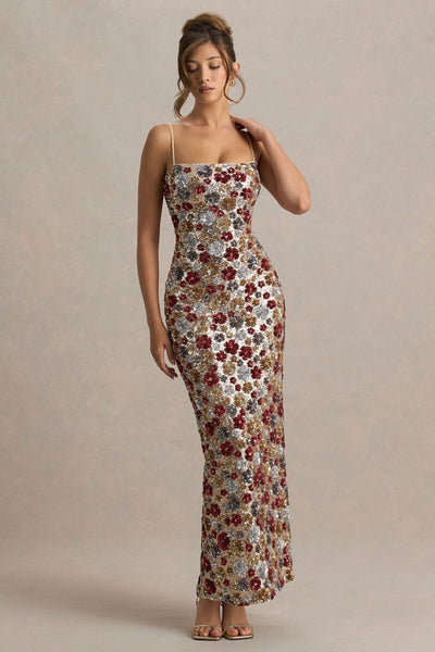 Vitora | Red Floral Embellished Sequin Square-Neck Maxi Dress