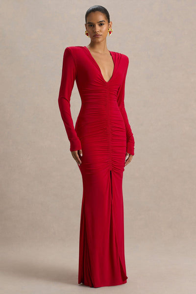 Jewel | Red Plunge-Neck Maxi Dress With Front Split and Ruched Detailing