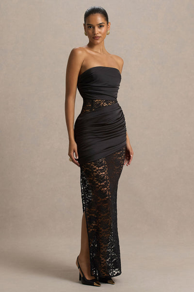 Dulcie | Black Lace And Satin Bandeau Midaxi Dress With Wrap-Details