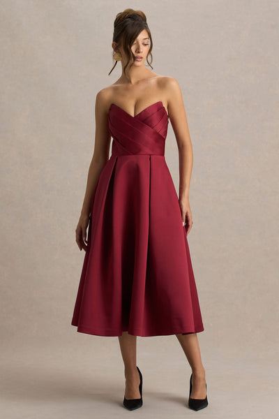 Promises | Burgundy Satin Sweetheart-Neck Midi Dress