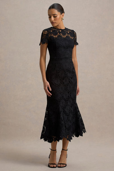 Clarissa | Black Lace Short-Sleeve Pleated Midi Dress