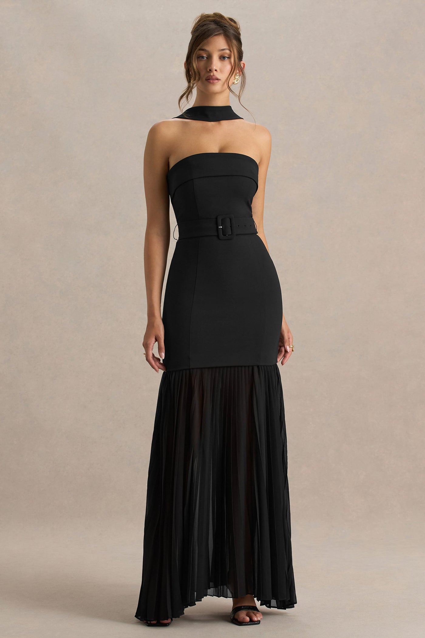 Jaquetta | Black Belted Maxi Dress With Pleated Chiffon Skirt