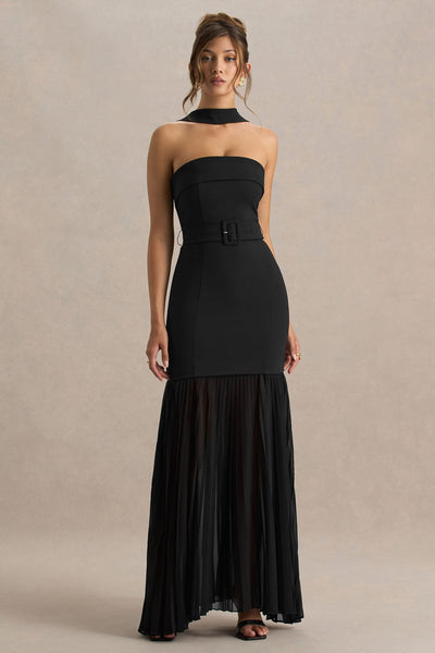 Jaquetta | Black Belted Maxi Dress With Pleated Chiffon Skirt