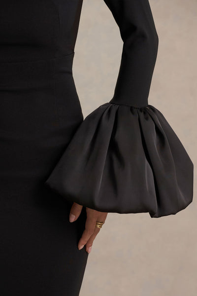 Retreat | Black Square-Neck Maxi Dress With Satin Puff-Sleeves
