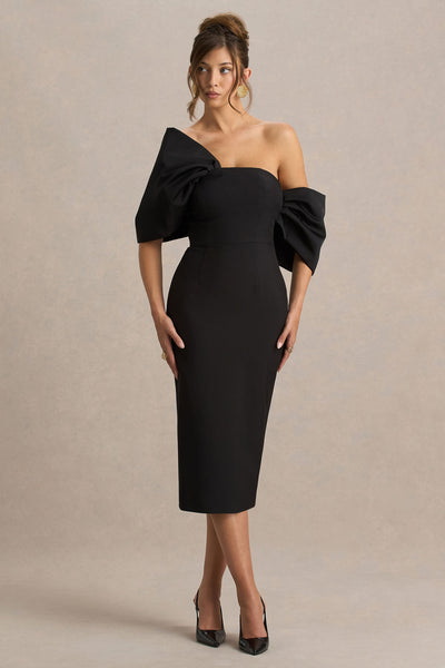 Lucille | Black Asymmetric Bardot Midi Dress With Bow Detail
