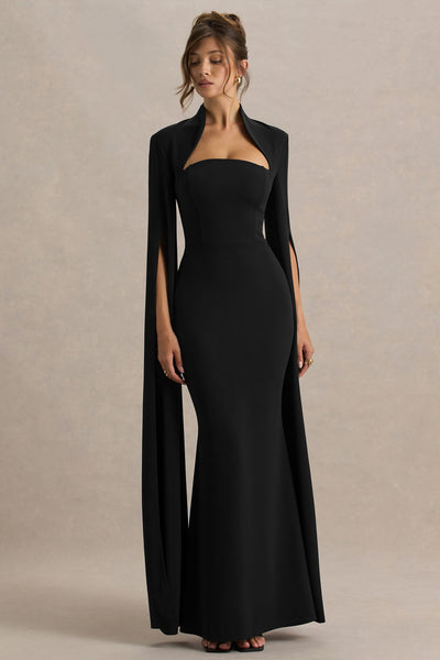 Esme | Black Square-Neck Maxi Dress With Cape Sleeves