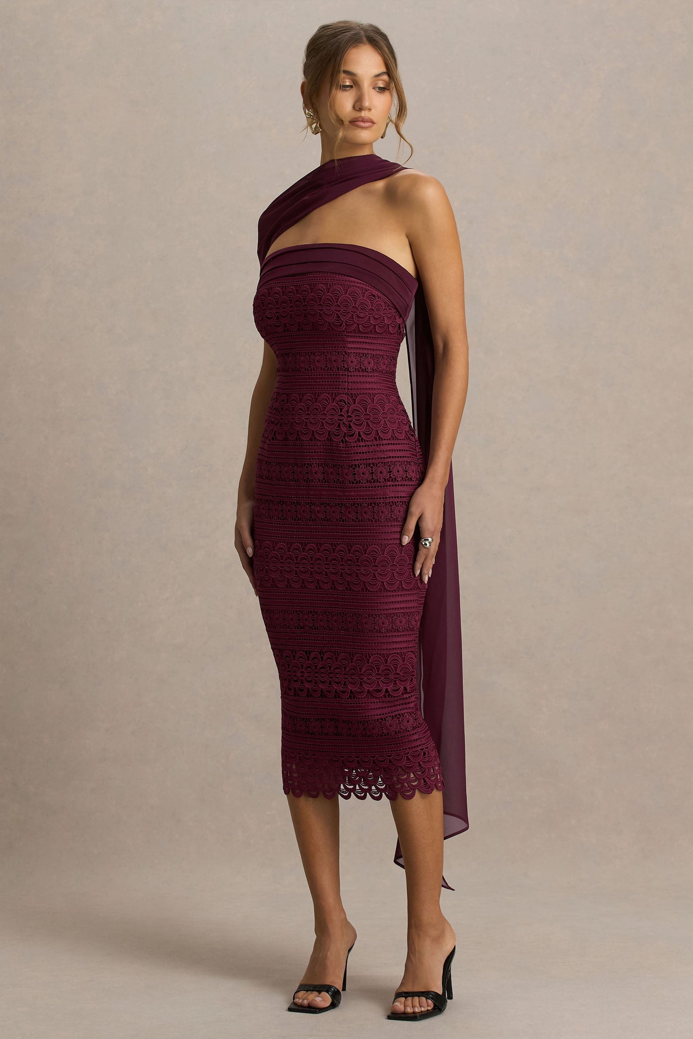 Secret | Burgundy Bandeau Lace Midi Dress With Scarf Detail