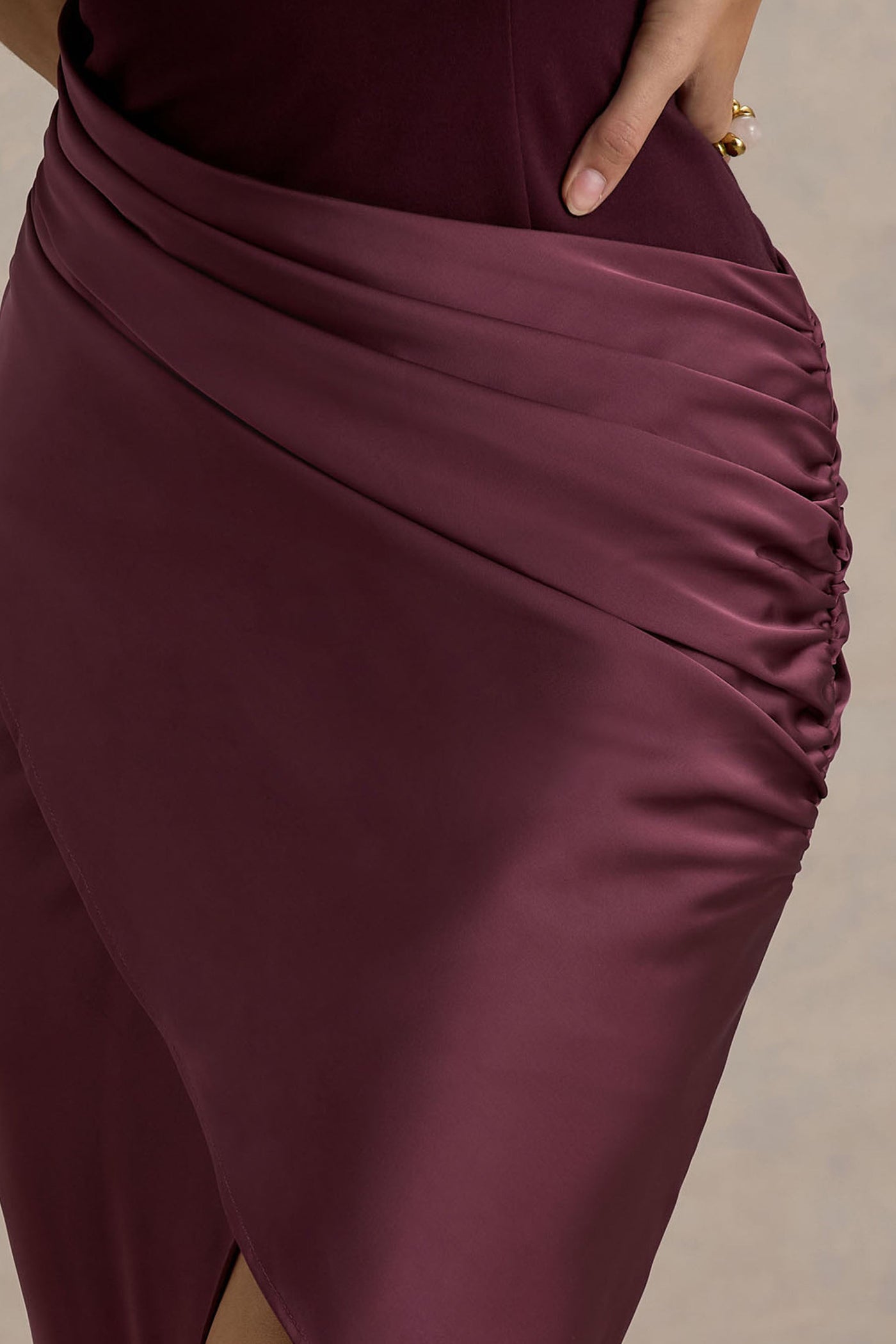 All Yours | Dark Cherry Satin High-Neck Wrap Midi Dress