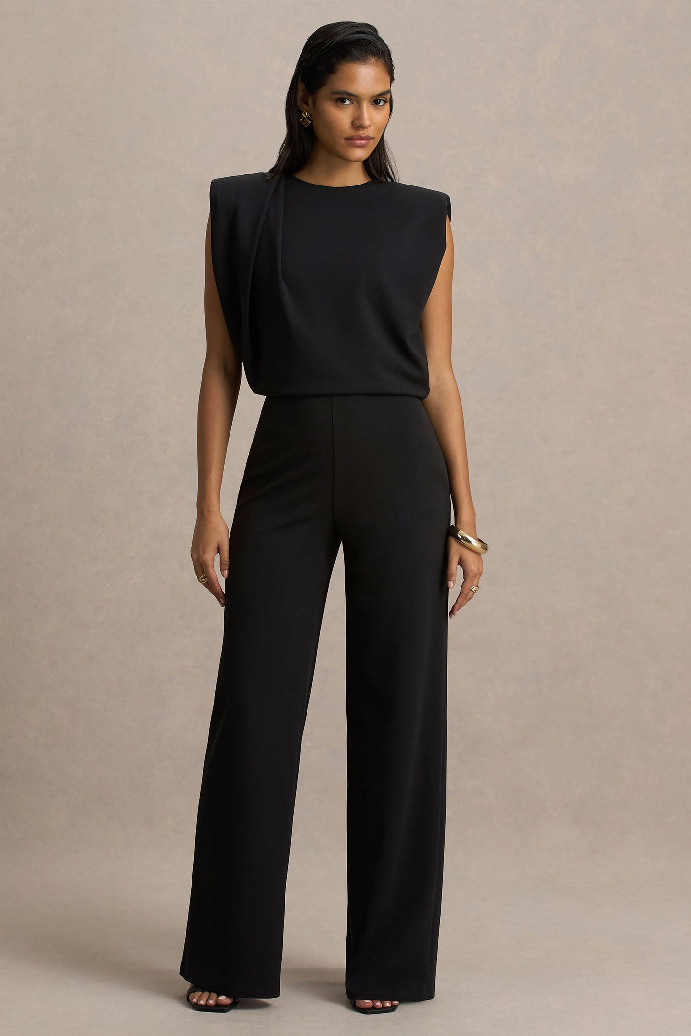 Tiff | Black Crew-Neck Jumpsuit With Draped Detailing