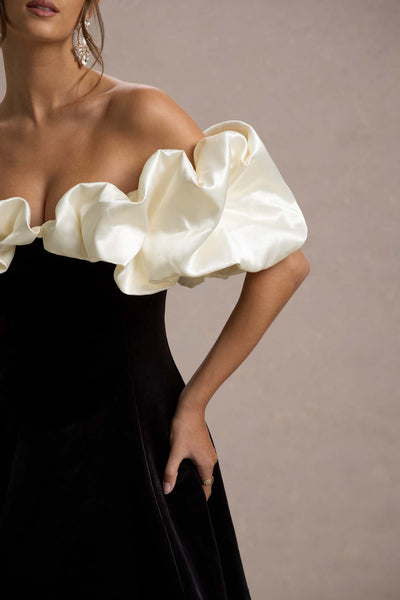 Brynne | Black & Cream Velvet Mini Dress With Satin Puff Sleeves