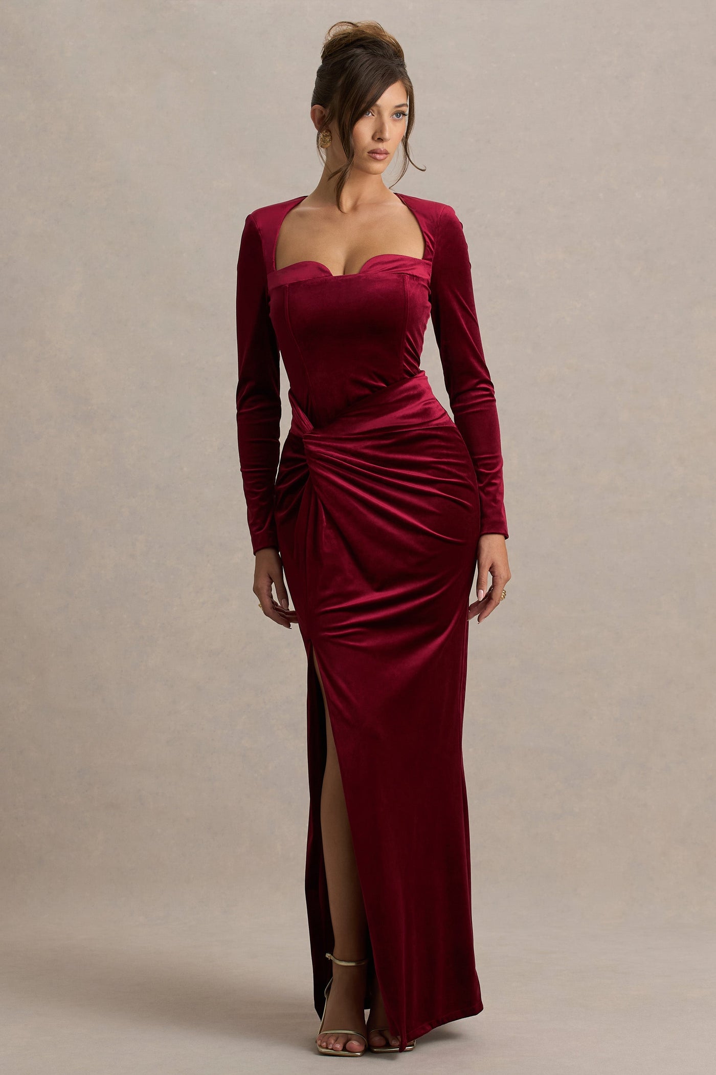 Fay | Berry Velvet Corset Style Knot Maxi Dress