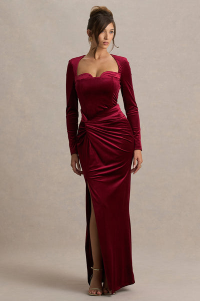 Fay | Berry Velvet Corset Style Knot Maxi Dress