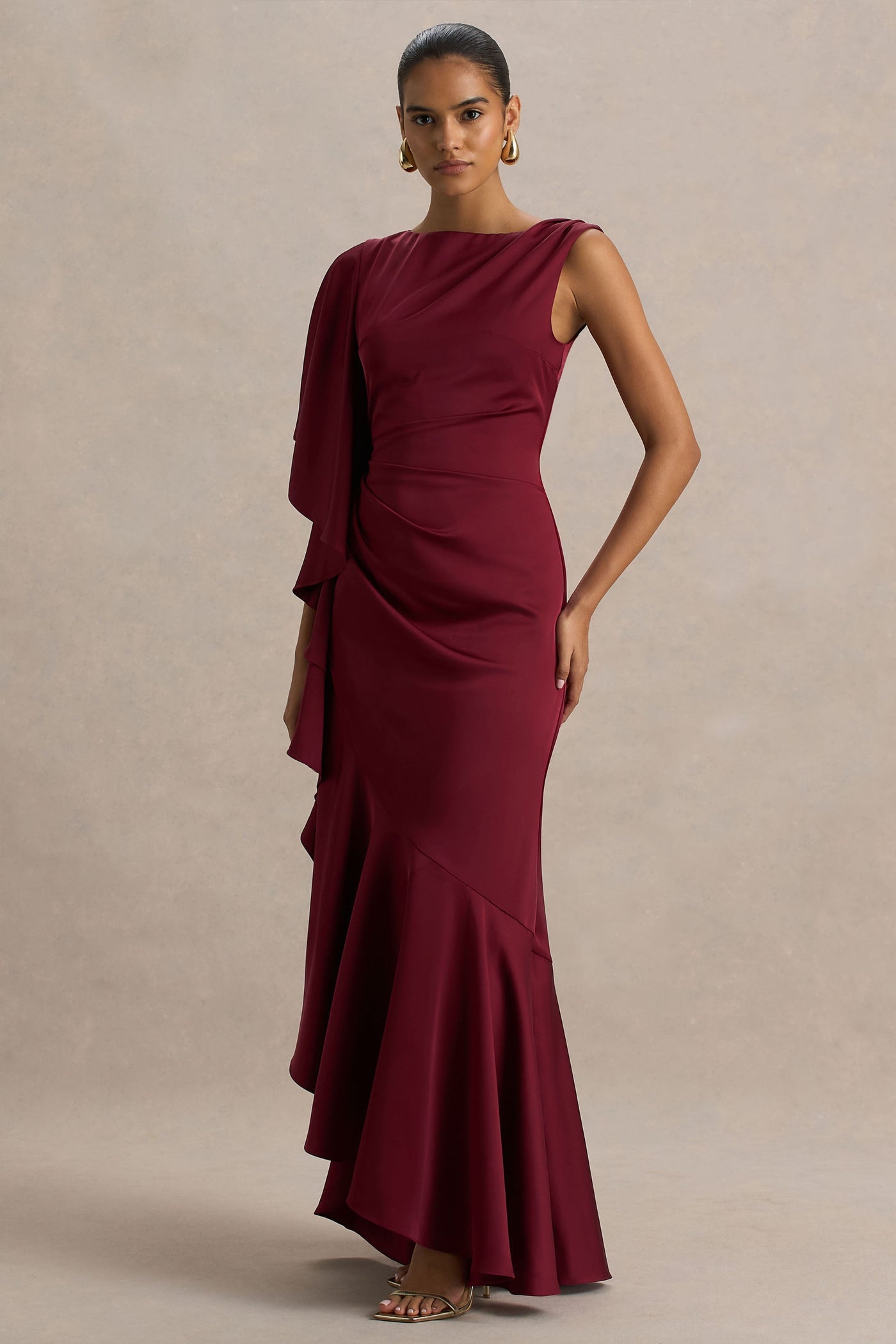 Rosy | Burgundy Satin Boat-Neck Maxi Dress With Front Split And Ruffled Detailing