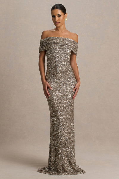 Melina | Champagne Sequin Bardot-Neck Maxi Dress