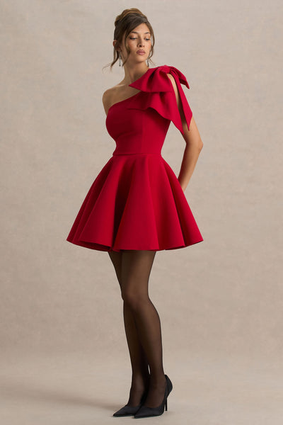 Prosperity | Red Asymmetric-Neck Mini Dress With Bow Detail