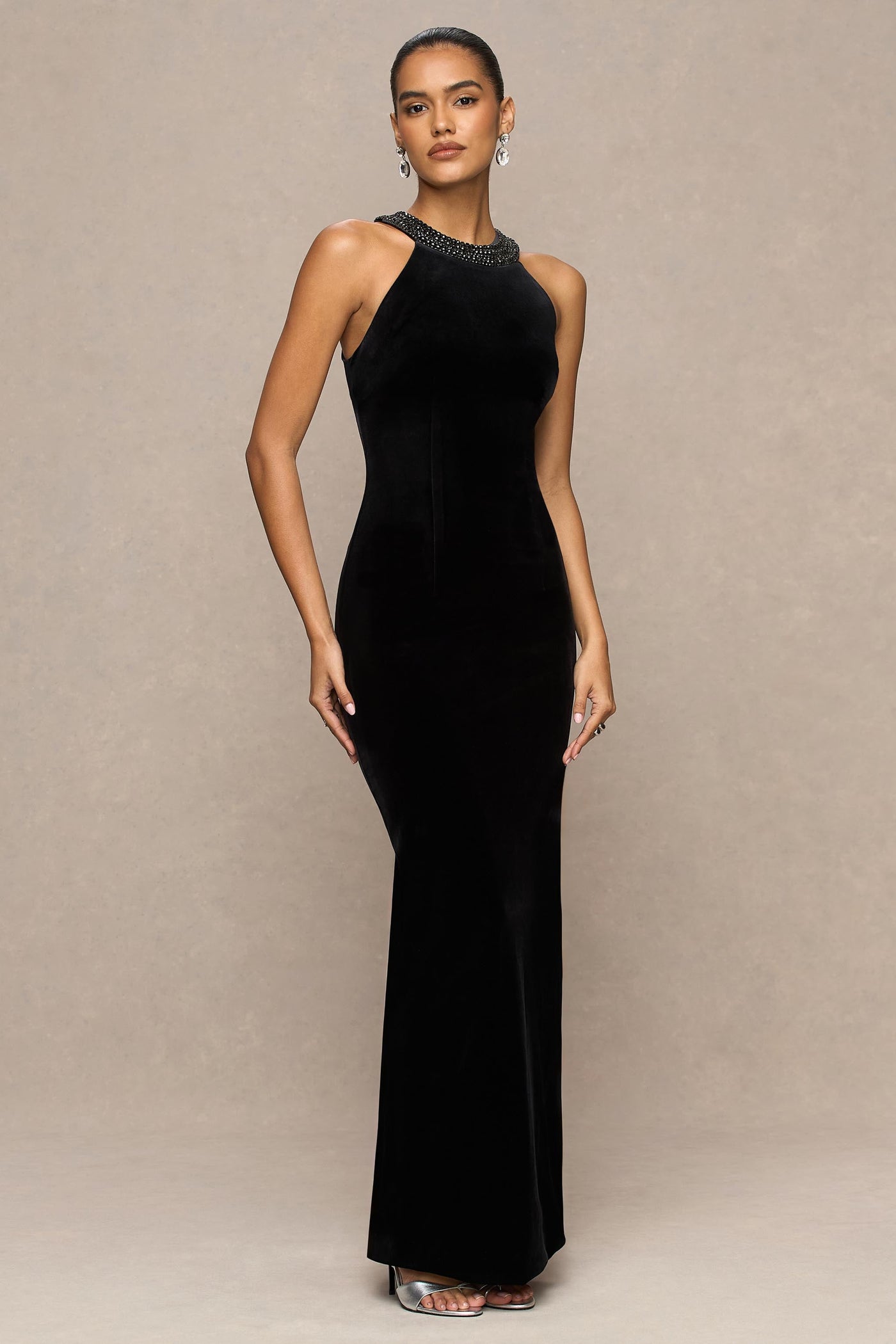 Darya | Black Velvet Embellished High-Neck Maxi Dress