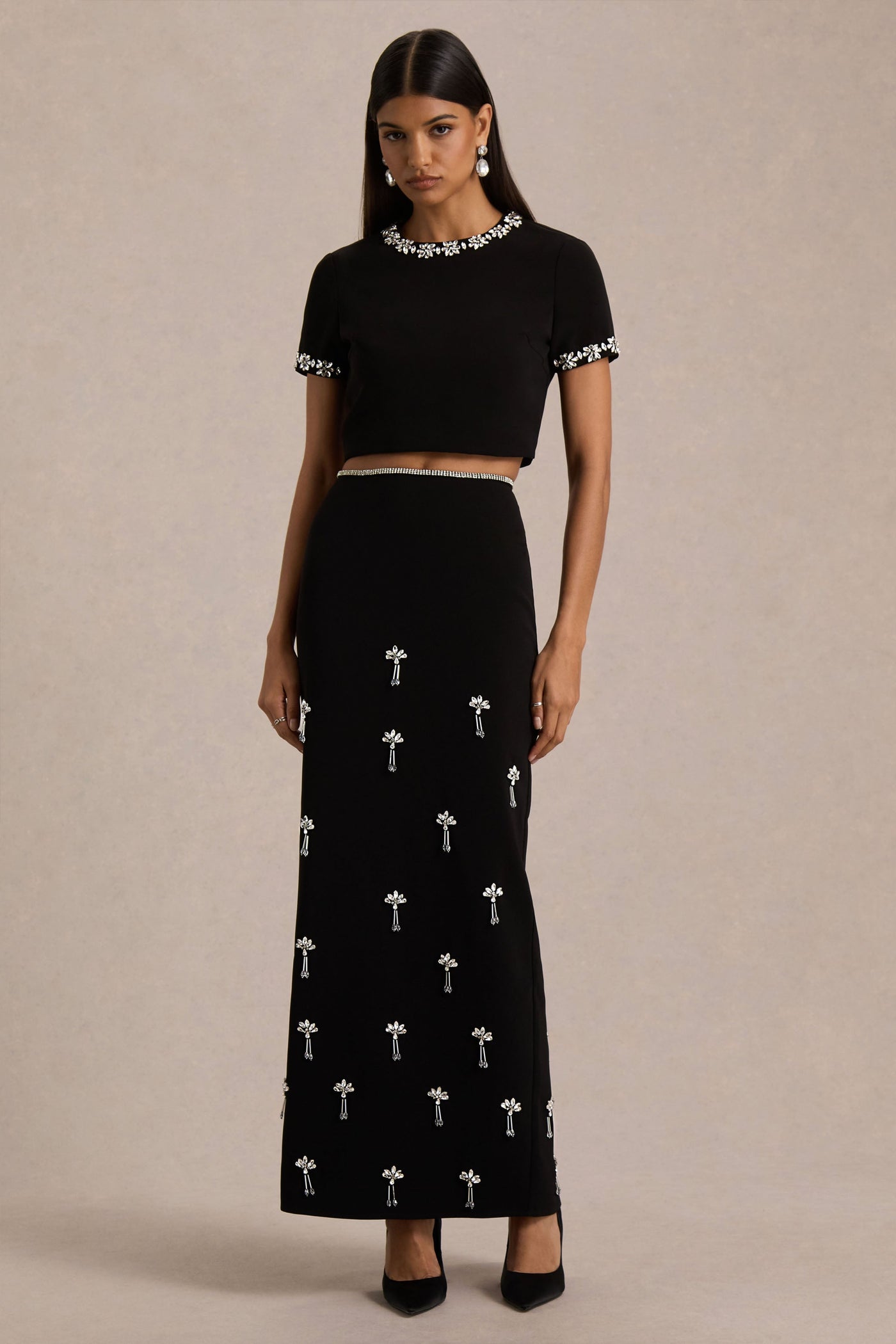 Aven | Black Hand-Embellished Maxi Skirt