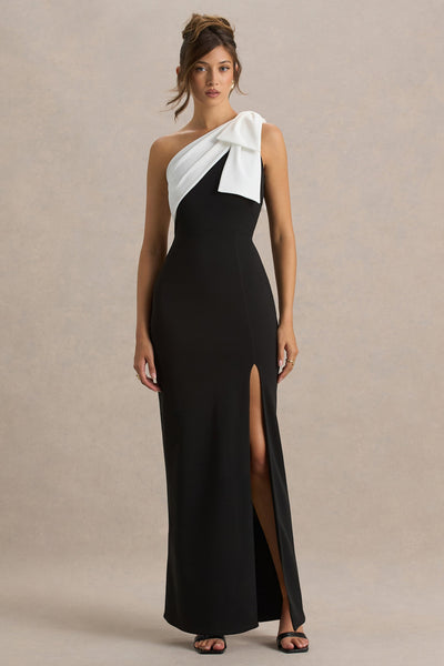 Kiri | Black & White One-Shoulder Bow Maxi Dress