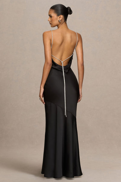 Maelia | Black Satin Cowl-Neck Maxi Dress With Diamante Straps