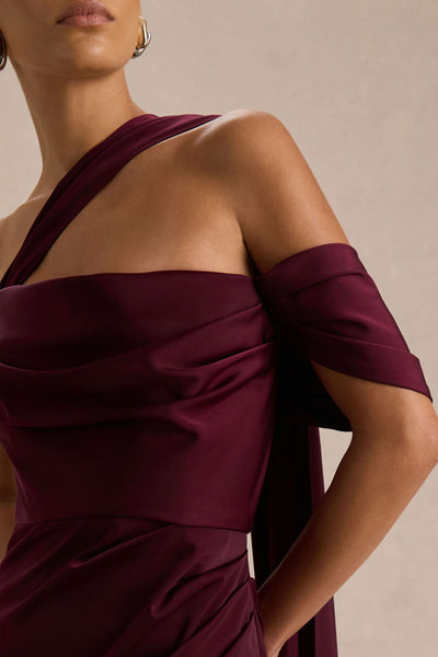 Yazmin | Burgundy Satin Asymmetric Maxi Dress With One-Sleeve Cape