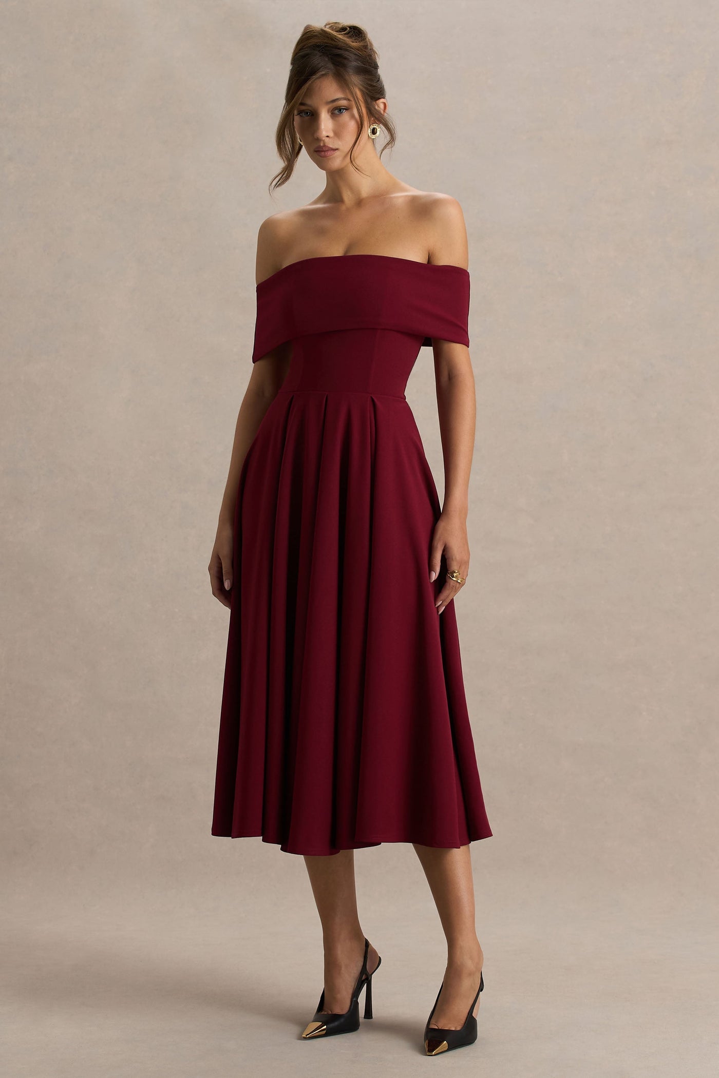 Isabella | Burgundy Bardot-Neck Midi Dress