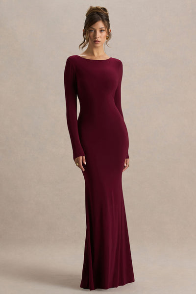 Estelle | Burgundy Boat-Neck Maxi Dress With Open-Back And Lace Detail