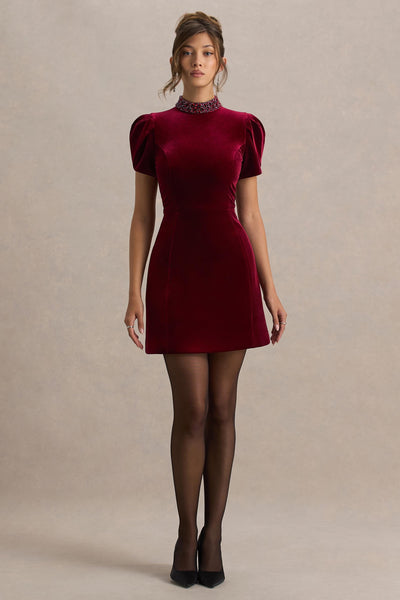 Margot | Burgundy High-Neck Velvet Mini Dress With Embellished Detail