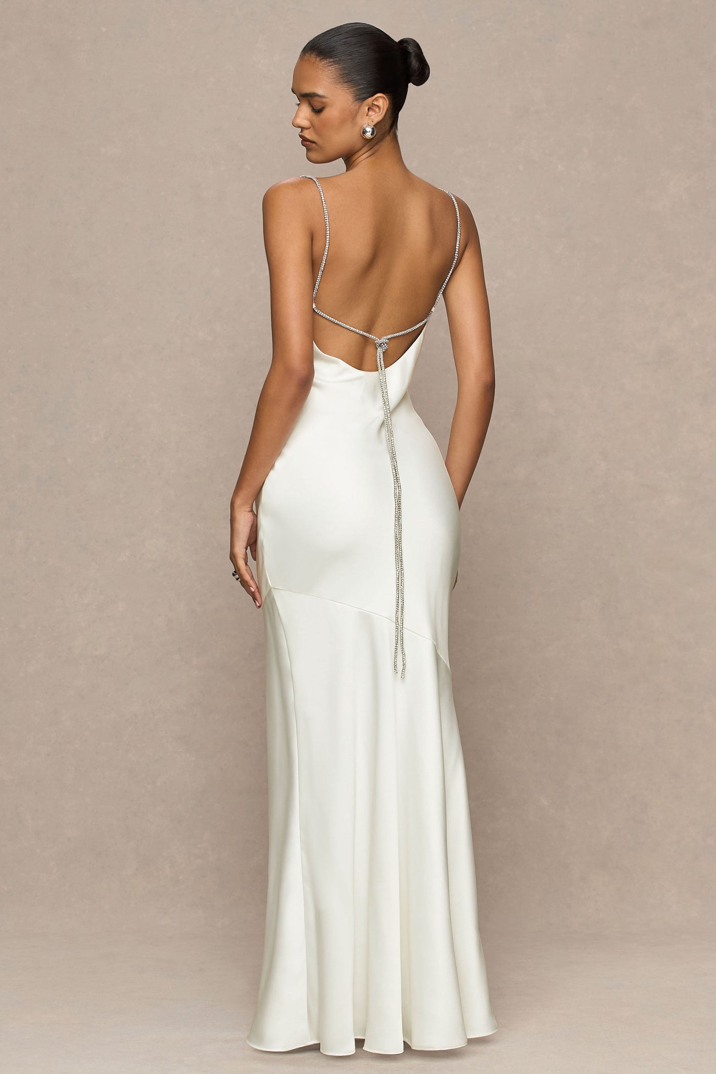 Maelia | Cream Satin Cowl-Neck Maxi Dress With Diamante Straps