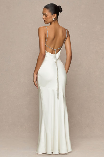 Maelia | Cream Satin Cowl-Neck Maxi Dress With Diamante Straps
