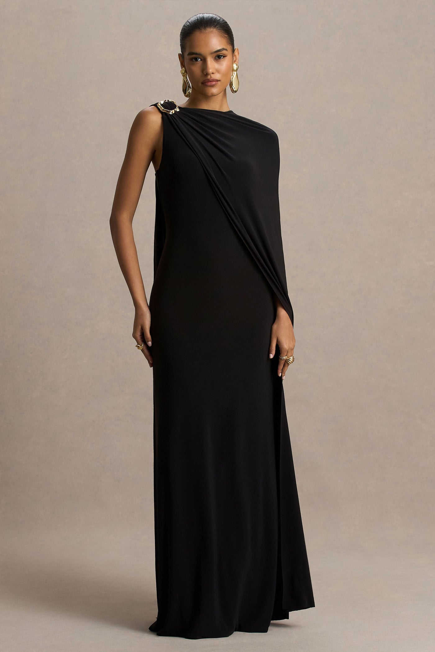 Cressida | Black Asymmetric-Neck Maxi Dress With Cape And Gold Detail