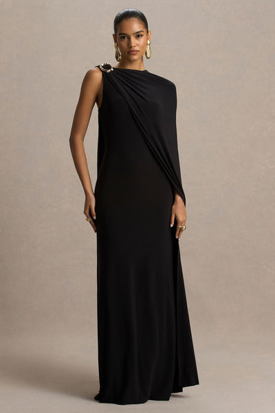 Cressida | Black Asymmetric-Neck Maxi Dress With Cape And Gold Detail