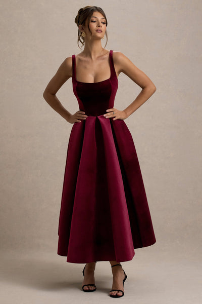 Francisca | Berry Velvet Strappy Volume-Hem Midi Dress