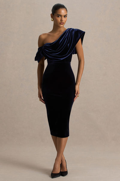 High End | Navy Velvet Asymmetric-Neck Midi Dress With Draped Detailing