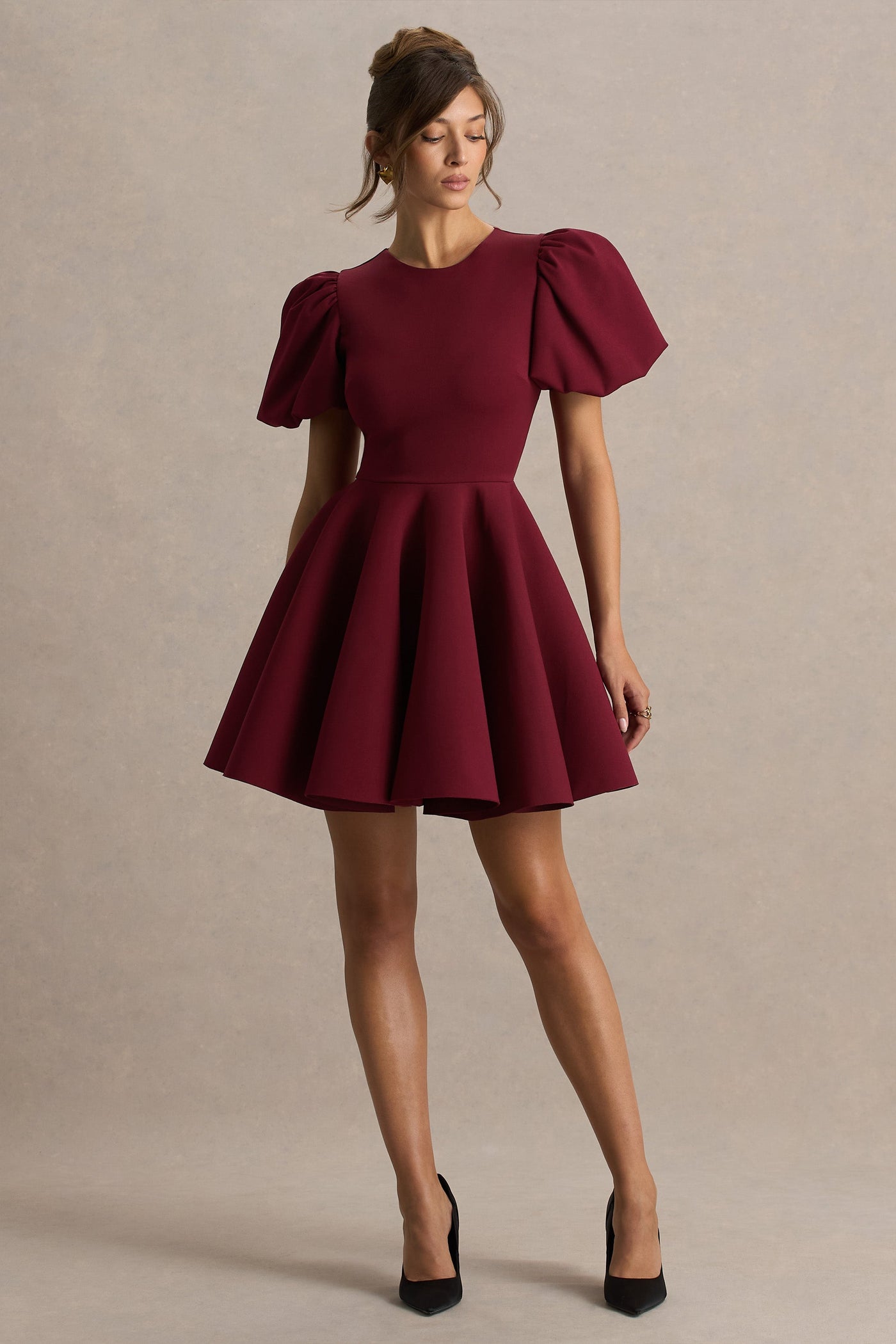 Emelia | Burgundy Puff-Sleeve Skater Mini Dress