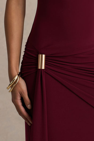 Decadence | Burgundy High-Neck Wrapped Maxi Dress With Twist-Sleeve