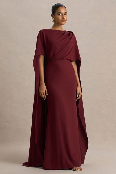 Pristina | Burgundy Boat-Neck Woven Maxi Dress With Cape Detail