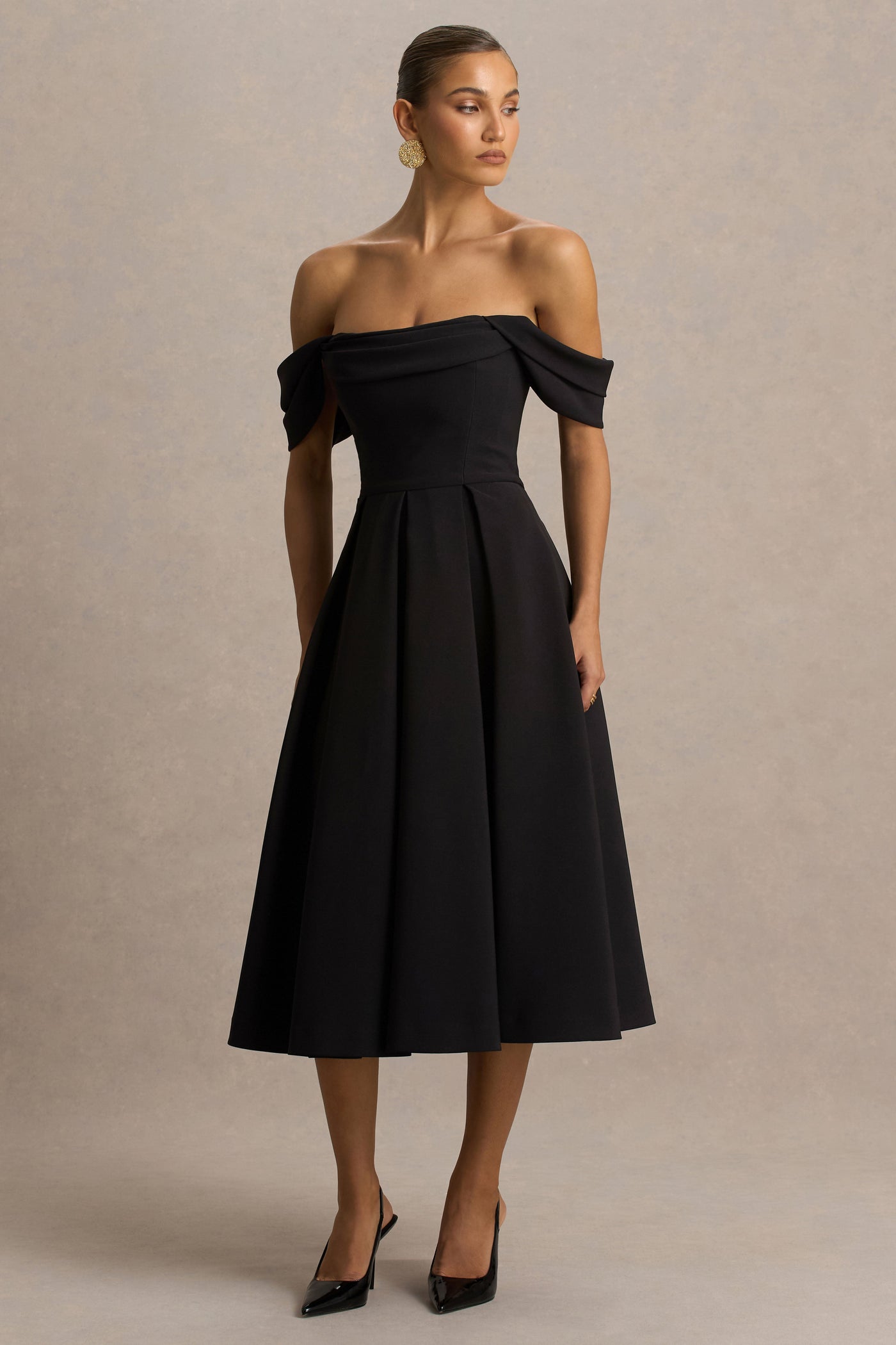 Cosima | Black Bardot-Neck Midi Dress