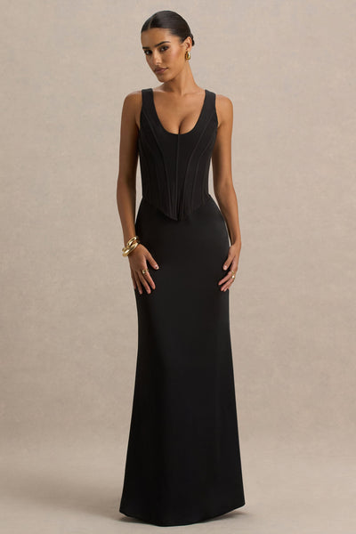 Morgan | Black Satin Corset Maxi Dress