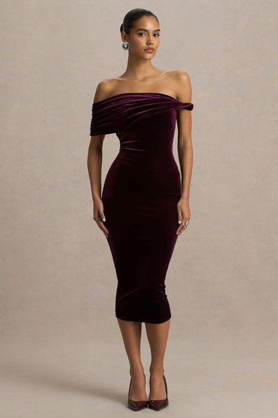 Billie | Burgundy Velvet Bardot-Neck Midi Dress With Twist-Sleeve