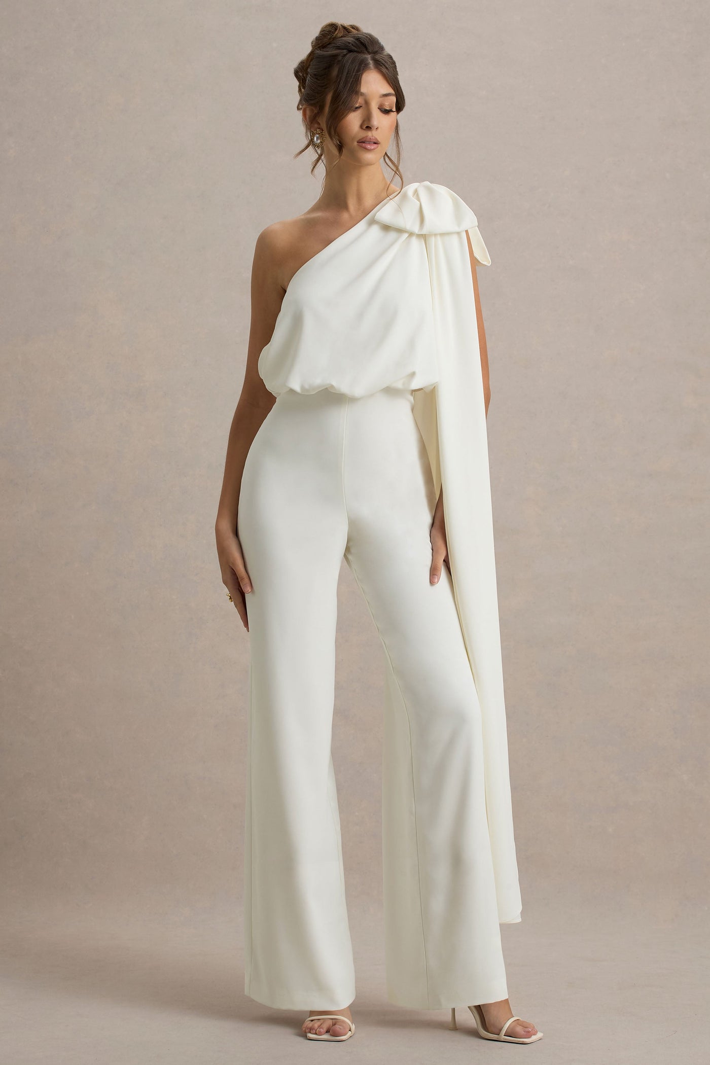 Alice | Cream Asymmetric Bow Shoulder Jumpsuit With Drape