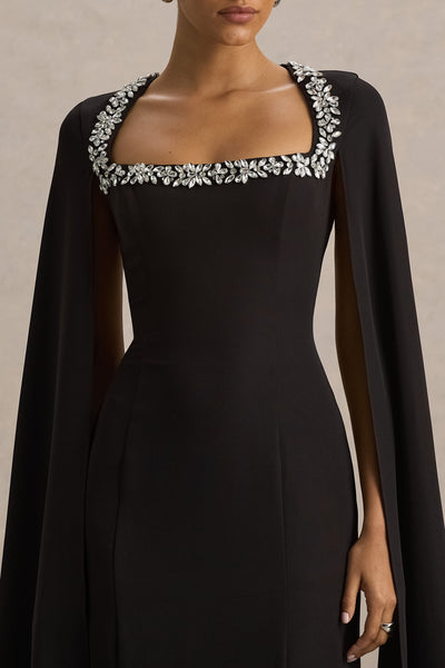 Glossy | Black Woven Square-Neck Maxi Dress With Cape Sleeves and Hand-Embellished Detail