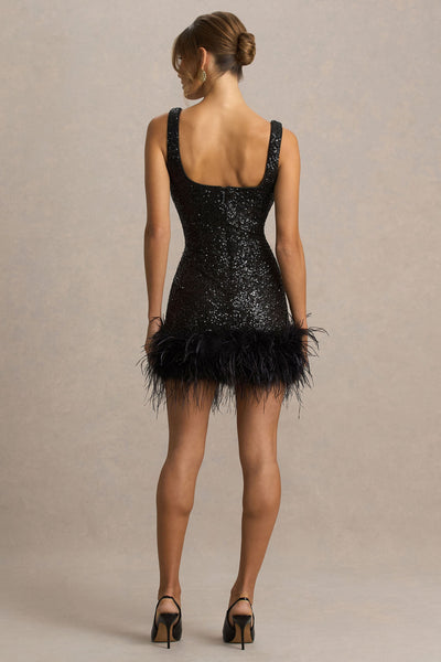 Rosalinda | Black Sequin Square-Neck Mini Dress With Feather Trim