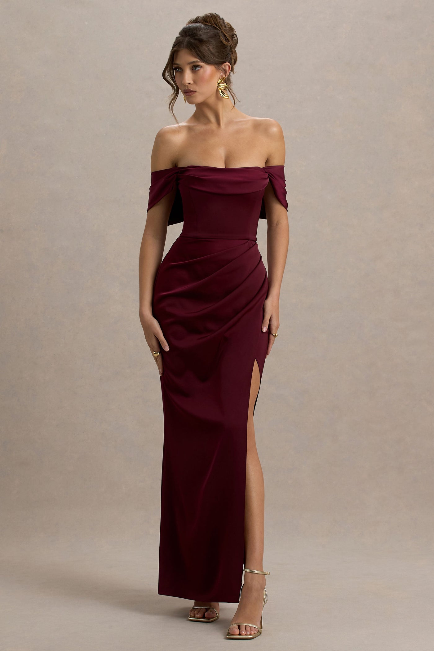Annie | Burgundy Satin Bardot Maxi Dress With Split Wrap Skirt